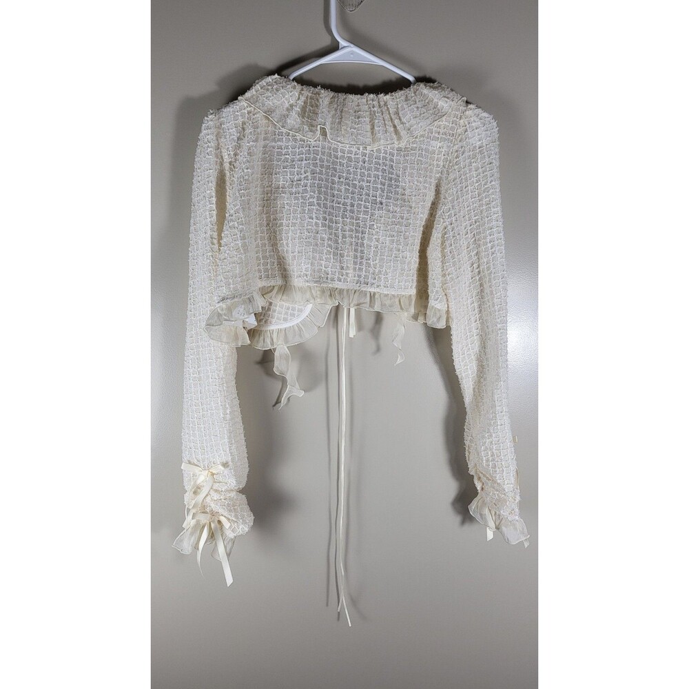 Womens Ivory Ruffle Bolero Shrug Tie Front Crop Cardigan Coquette Romantic M - Picture 7 of 8